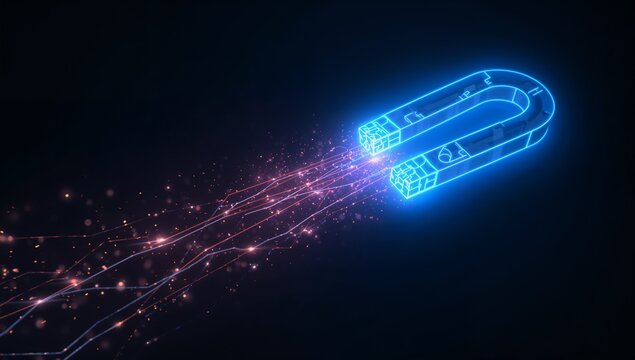 Digital Drawing of a Magnet with Magnetic Field Lines and Sparks in Futuristic Style