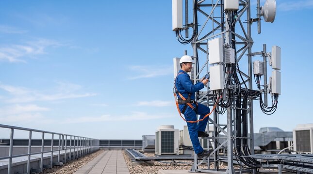 Asian telecom engineer inspecting 5G base station antenna tower equipment with tablet on rooftop