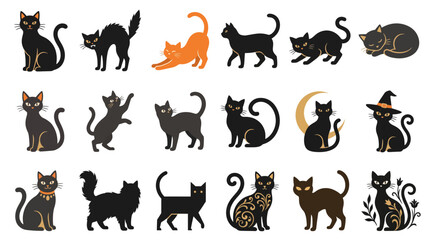 Obraz premium Black Cat Vector Illustration Set Featuring Various Poses Like Sitting Stretching and Sleeping Plus Halloween Icons with Witch Hat and Moon Isolated on White