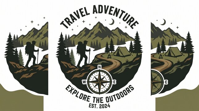Outdoor adventure emblem illustration with hiker silhouette, mountain trail, camping tent, campfire, pine trees and compass in olive green and brown on white background, travel badge design