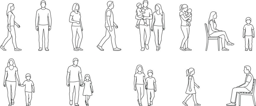 CAD architectural drawings isolated on transparent background featuring various people silhouettes, families, and individuals in line art style for design projects