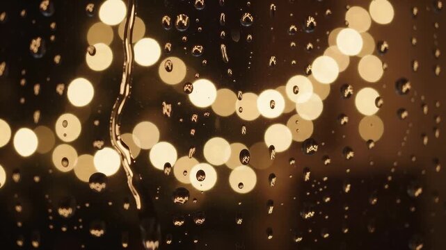 Rain on a window with warm fairy lights behind