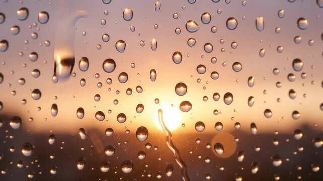 Raindrops on window glass glowing with sunset light