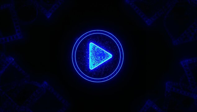 Neon Blue Play Button Icon on Dark Background, Digital Media Symbol