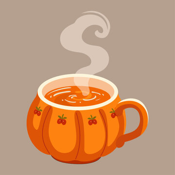 Flat Cartoon Orange Pumpkin Mug with Hot Autumn Tea Drink and Steam