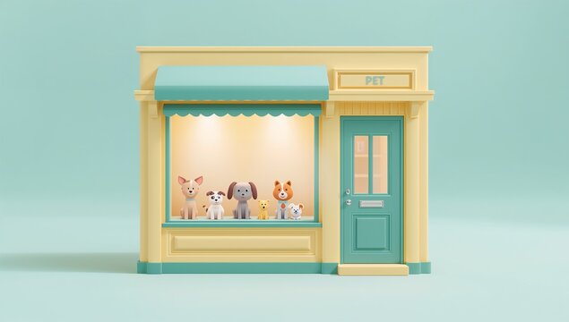 Adorable Pet Store Front with Toy Animals and Canine and Feline Figures