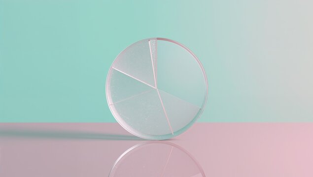 Clear glass circle divided into four sections on pastel backdrop with shadow