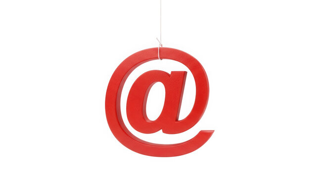 Red 3D at symbol hanging from a thin string for email communication isolated on transparent background