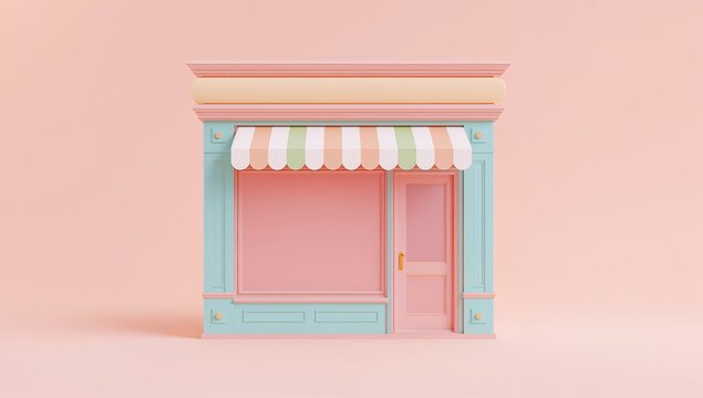 Pastel-colored storefront with awning and door on soft pink background