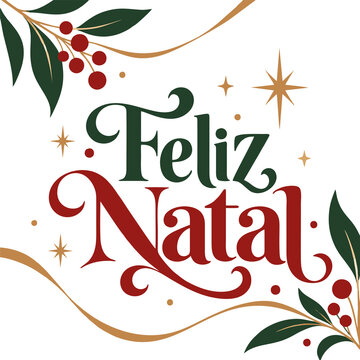 Feliz Natal com Lettering Vermelho e Verde, Ramos de Azevinho e Ornamentos Dourados