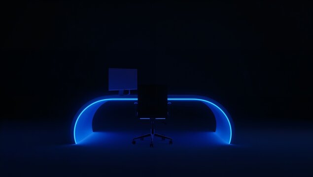Futuristic glowing desk and computer setup in dark room with neon accents