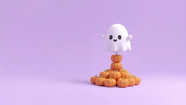 Cute Ghost Figure Surrounded by Small Pumpkins on Minimal Purple Background