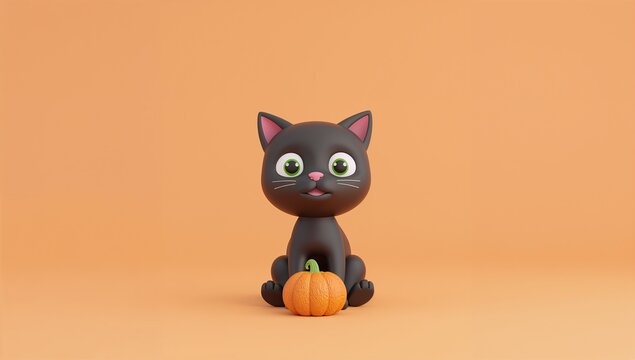 Cute Black Cat Cartoon Sitting with Pumpkin on Solid Peach Background