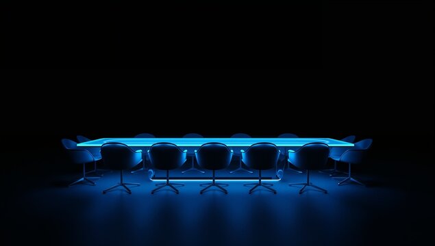Modern Conference Table with Blue LED Lighting and Office Chairs in Dark Room