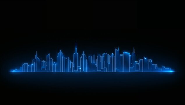 Futuristic Digital Neon Skyline of a Modern City at Night with Lit Buildings