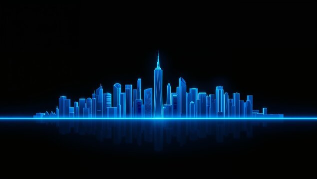 Futuristic Digital City Skyline Illustration with Neon Lights and Tall Skyscrapers