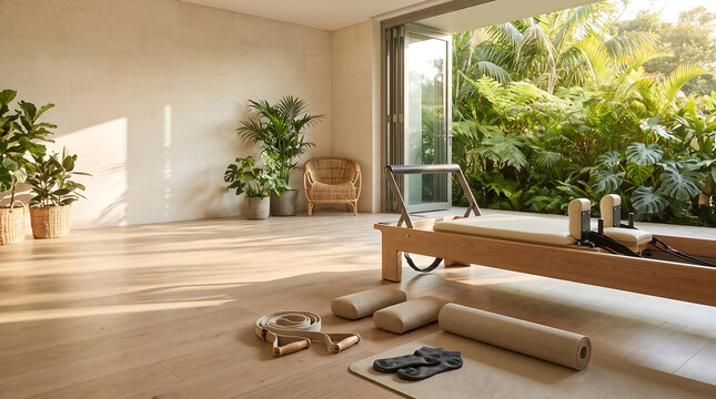 Modern Pilates studio interior featuring a reformer and equipment, bathed in warm sunlight, with ample copy space.