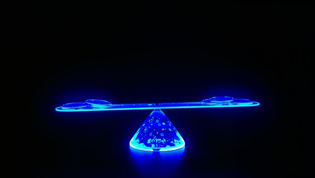 Neon blue light sculpture with geometric cone and circular lines in dark setting