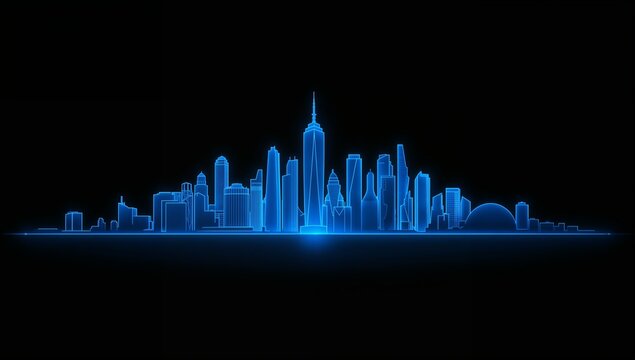 Futuristic glowing neon city skyline at night with tall skyscrapers and iconic structures