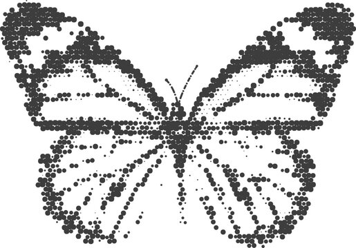 Black butterfly halftone distressed engraving stipple retro vintage grunge style art vector in transparent background