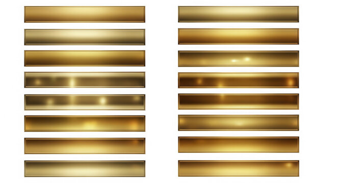 Set of shiny gold metal horizontal banners and ribbons isolated on transparent background