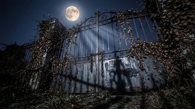 Old wrought iron gates covered in vines under a glowing full moon with dramatic shadows and eerie atmosphere
