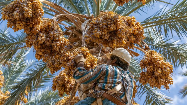 Farmer harvesting clusters of sweet ripe dates from a tall date palm tree