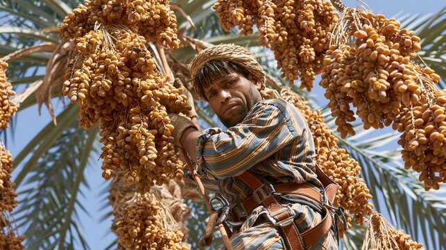 Farmer harvesting clusters of sweet ripe dates from a tall date palm tree