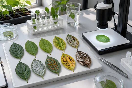 Laboratory plant leaf disease study shows various fungal and viral infections on green foliage with microscope and glass test tubes for agricultural research center