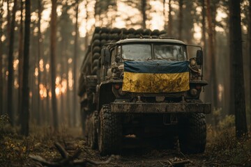 Fototapeta premium Military multiple rocket launcher with ukrainian flag parked in a forest at sunset