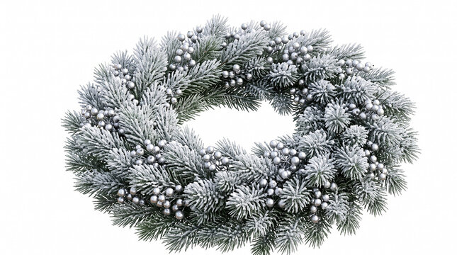 Snowy Frosted Pine Wreath with Silver Berries Perspective Angle View