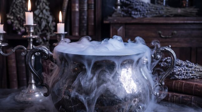 Steaming metal witch cauldron with magical dry ice smoke in dark mysterious room with candlelight and old books