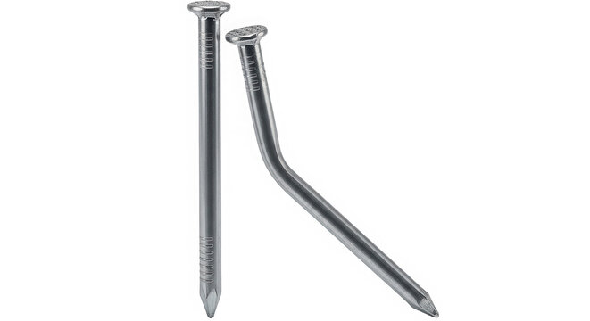 One straight and one bent metal nail on a surface isolated on transparent background