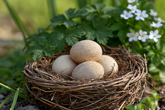 Bird nest holding four speckled eggs, symbolizing new life and spring, nestled among fresh green plants and delicate white flowers in an outdoor garden