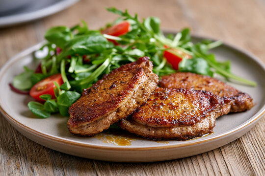 Pan fried pork chops with a crispy. Golden brown crust. Seasoned with herbs and spices. Served alongside a fresh green salad with arugula. Lamb's lettuce