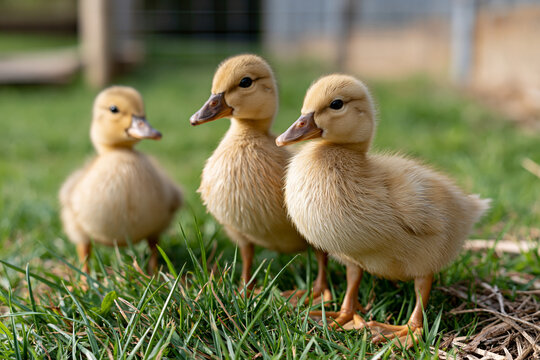 Three fluffy yellow ducklings standing together in fresh green grass, enjoying sunlight in a farm setting, representing new life, spring, and baby animals