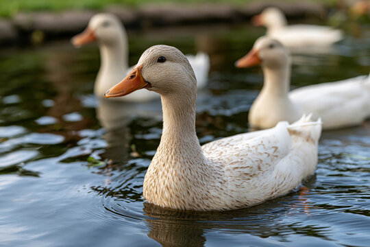 Domestic white and light brown duck gliding across a calm pond, creating gentle ripples and soft reflections with blurred waterfowl in the tranquil background