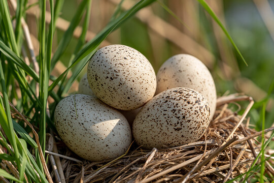 Speckled bird eggs nestled in a rustic straw and grass nest, symbolizing new life, nature's fragility, birth, and the arrival of spring outdoors