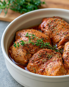 Raw chicken thighs marinating in a white ceramic dish, seasoned with herbs and spices, preparing for cooking, showcasing fresh poultry ingredients for a healthy meal