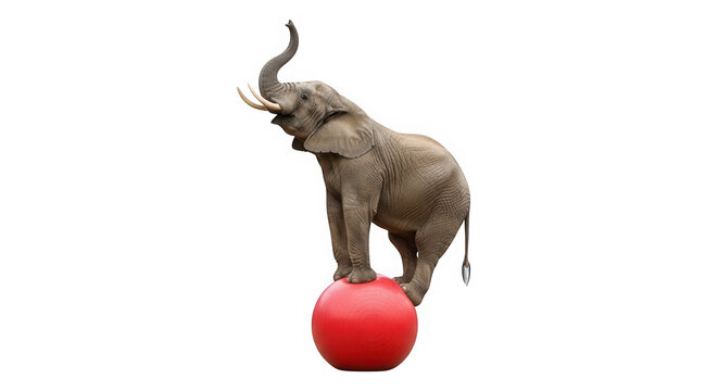 Circus elephant standing on a red ball isolated on transparent background