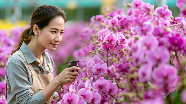 Floriculturist checking beautiful colorful orchid flowers in a shade greenhouse