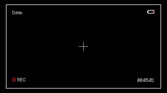 Digital camera recording interface overlay monitoring with rec status, timer, date, and low-battery. 4K with alpha channel