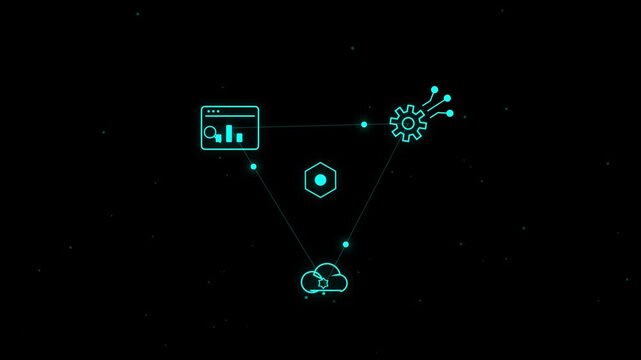 Abstract digital triangle connecting cloud computing web browser and industrial gear icons technology network data connection system integration abstract interface