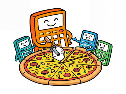 Cute cartoon calculators sharing a large pepperoni pizza together
