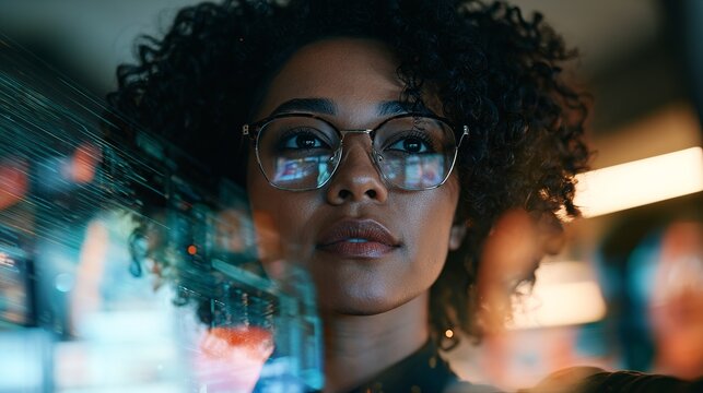Stylish Black woman wearing glasses gazes forward, reflected in futuristic urban lights, representing innovation and digital advancement