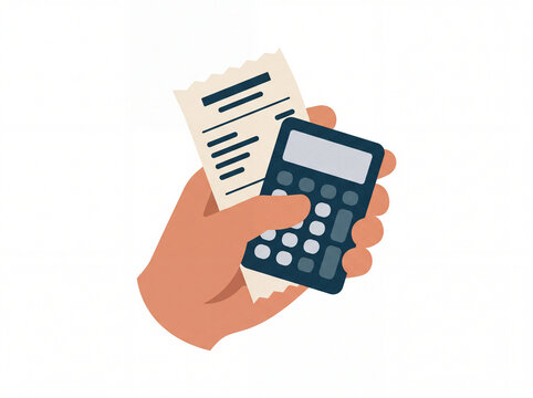 Hand holding a calculator and paper receipt for budget planning