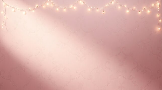 Soft pink wall decorated with string lights for cozy celebration