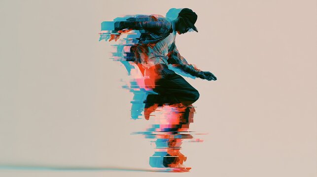 Abstract dancer leaping across a blurred background, vibrant blue, red, and orange tones create dynamic concept art