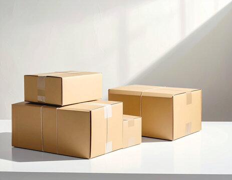 Stack of cardboard shipping boxes on white table