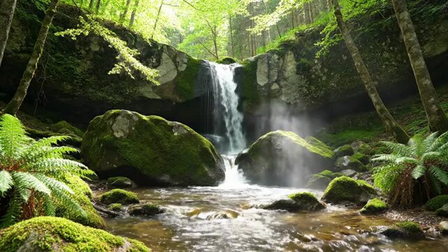 Waterfall drops into a clear creek surrounded by mossy boulders and lush green ferns in a shadowy forest.